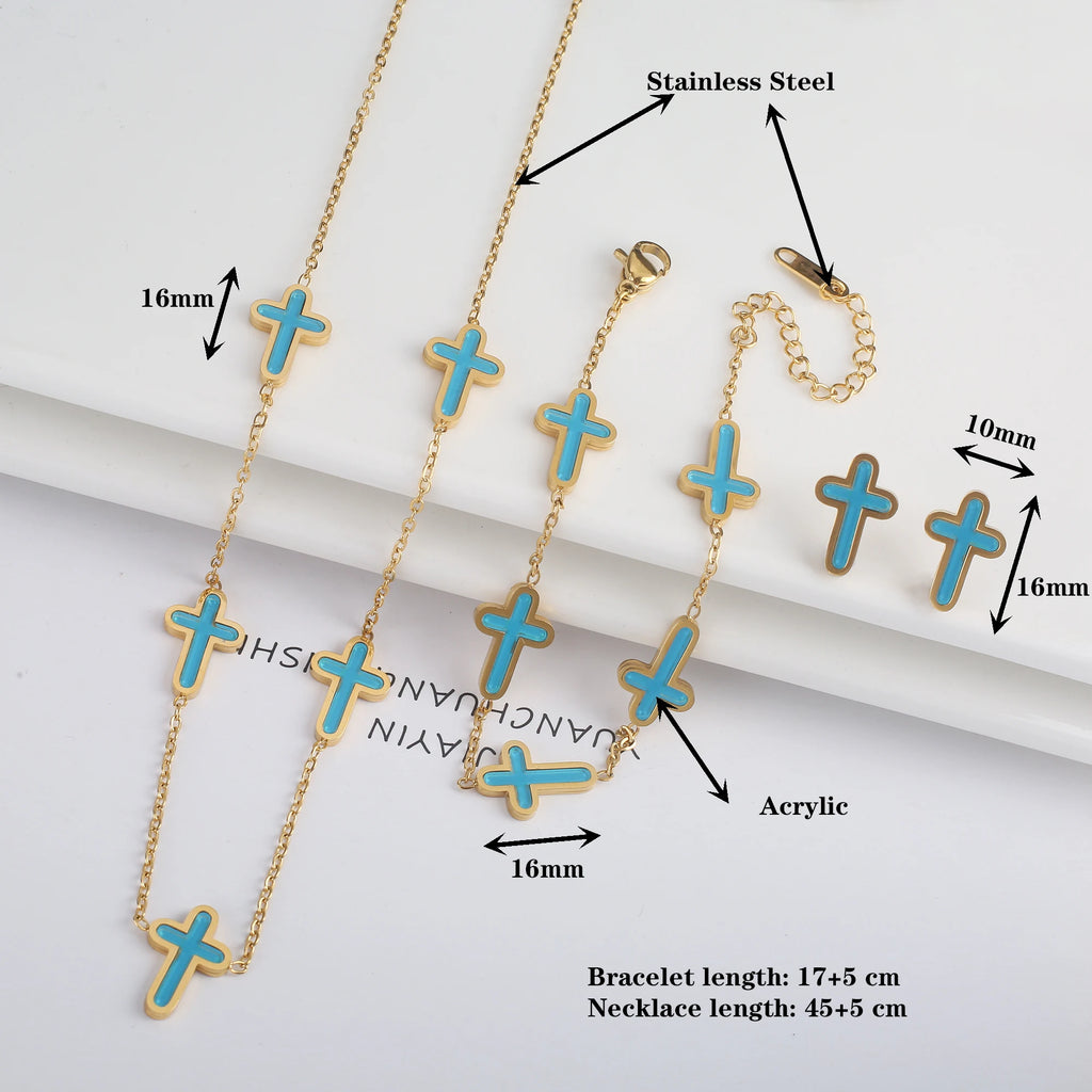 3PCS Hot Sale Stainless Steel Cross Bracelet Jewelry Set Necklace Earrings Charming for Women Luxury Daily Party Jewelry Gift