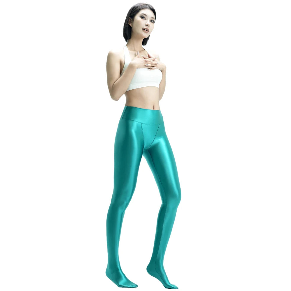 MJINM Women Shiny Smooth Leggings Fitness Yoga V-Crotch High-Waist Pants Satin Jeggings Stretch Tights Opaque Wetlook Pantyhose
