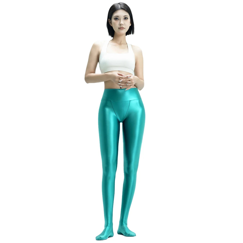 MJINM Women Shiny Smooth Leggings Fitness Yoga V-Crotch High-Waist Pants Satin Jeggings Stretch Tights Opaque Wetlook Pantyhose