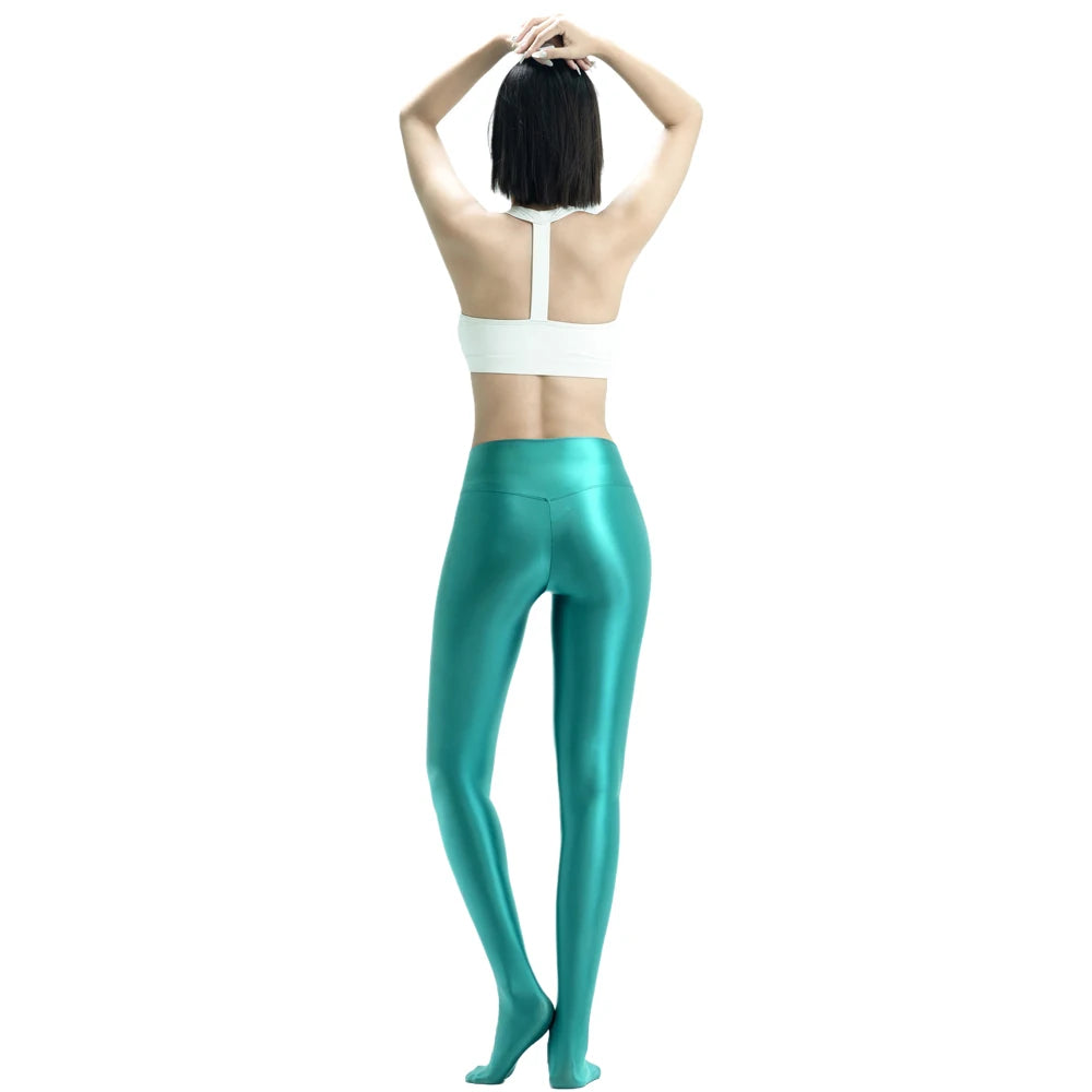 MJINM Women Shiny Smooth Leggings Fitness Yoga V-Crotch High-Waist Pants Satin Jeggings Stretch Tights Opaque Wetlook Pantyhose