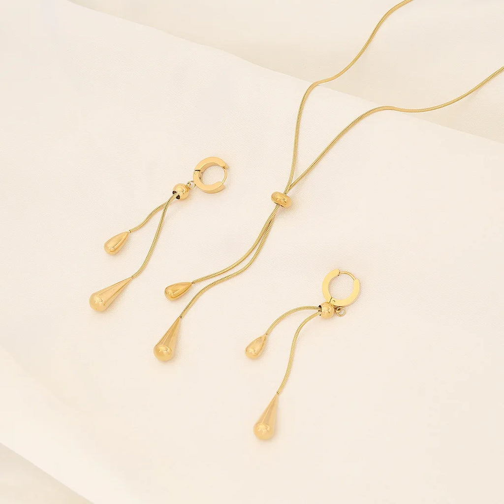 3-Piece Set 316L Stainless Steel adjustable drop earring necklace set，women new style golden color fashion jewelry, party gift