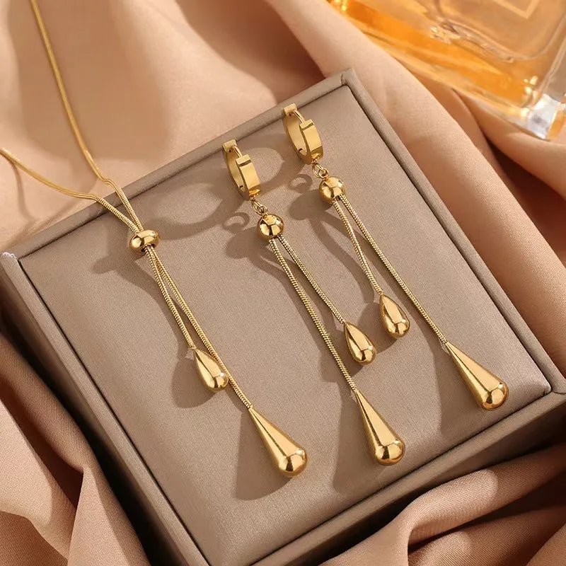 3-Piece Set 316L Stainless Steel adjustable drop earring necklace set，women new style golden color fashion jewelry, party gift