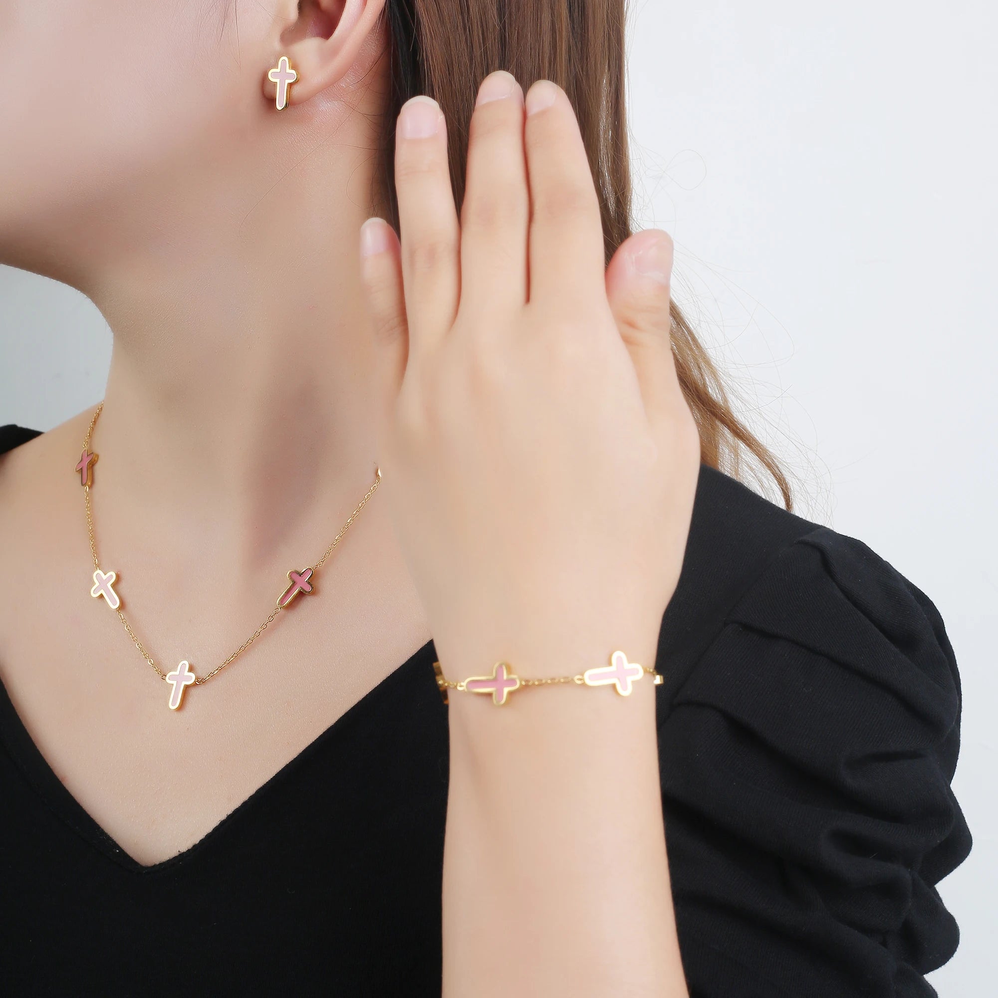 3PCS Hot Sale Stainless Steel Cross Bracelet Jewelry Set Necklace Earrings Charming for Women Luxury Daily Party Jewelry Gift