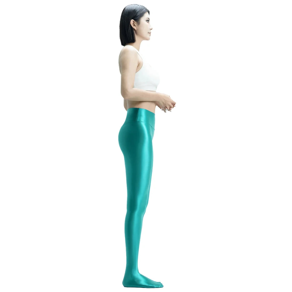 MJINM Women Shiny Smooth Leggings Fitness Yoga V-Crotch High-Waist Pants Satin Jeggings Stretch Tights Opaque Wetlook Pantyhose