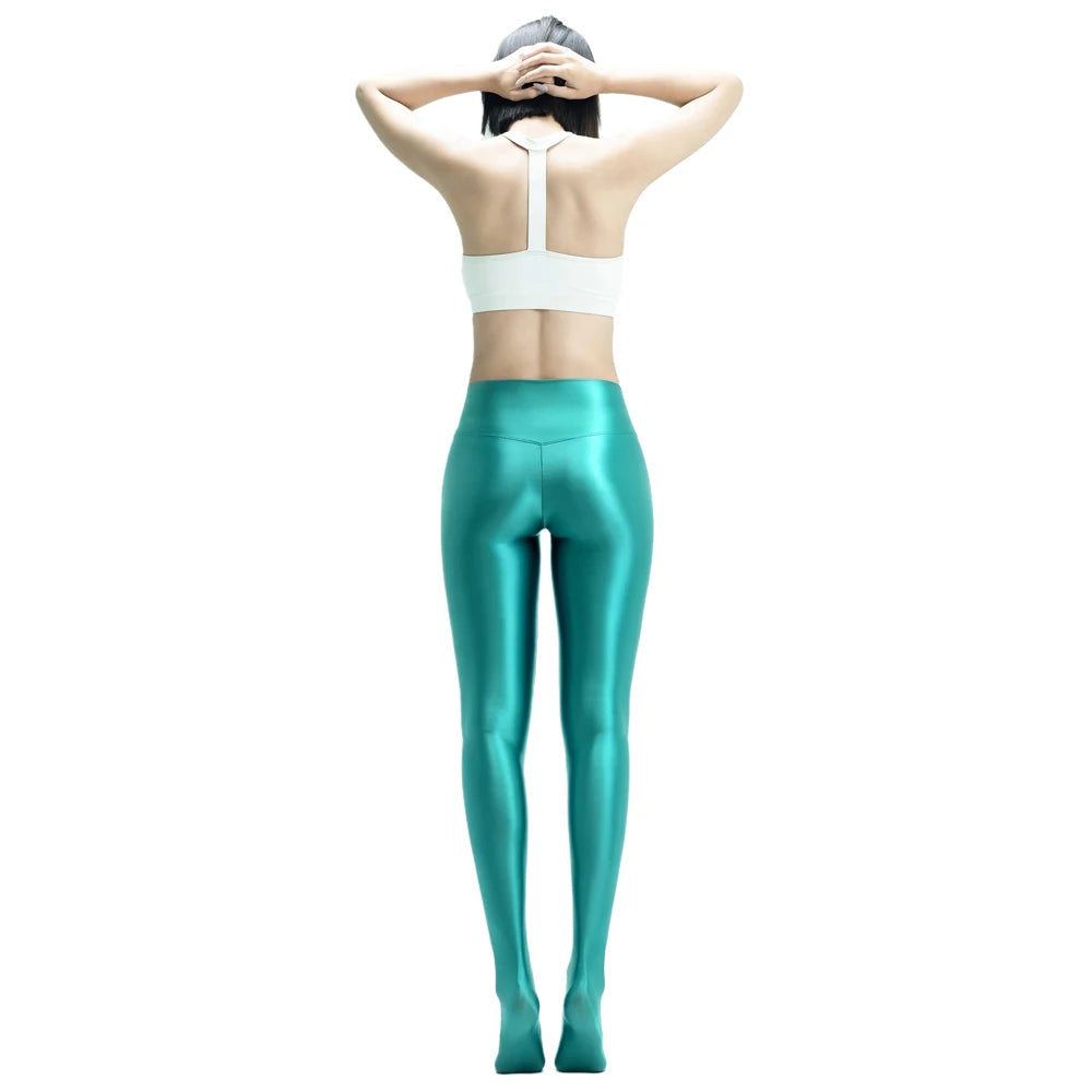 MJINM Women Shiny Smooth Leggings Fitness Yoga V-Crotch High-Waist Pants Satin Jeggings Stretch Tights Opaque Wetlook Pantyhose