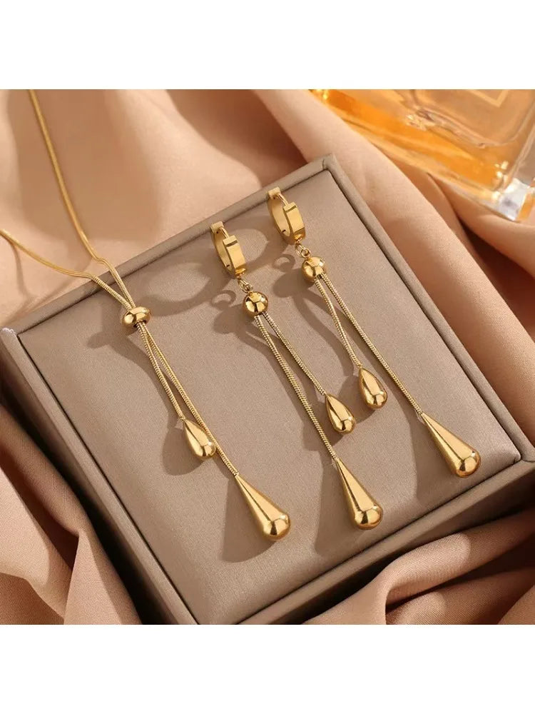 3-Piece Set 316L Stainless Steel adjustable drop earring necklace set，women new style golden color fashion jewelry, party gift